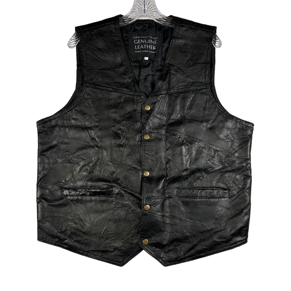 Italian Stone Design Leather Vest Mens‎ Large Black Snap Button Biker Western